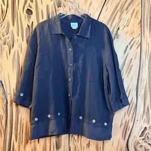 VTG Donna Made in USA 100% Linen Black Button Down Top Lagenlook L